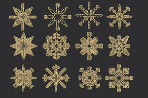 uppsättning gyllene snöflinga kristall elegant linje jul dekoration på mörk bakgrund, samling vinter- prydnad frysta element. vektor illustration