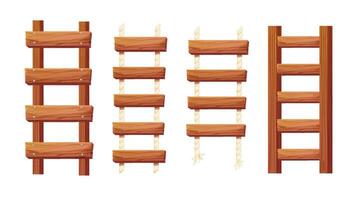 uppsättning trä- stege med rep, plankor hängande, trappa i tecknad serie stil isolerat på vit bakgrund, bro, spel väg. vektor illustration