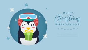 Frohe Weihnachten und guten Rutsch ins neue Jahr Grußkarte mit süßem Pinguin und Geschenkbox Cartoon im modernen flachen Stil. Vektor-Illustration vektor