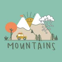 en grön bakgrund med bergen och en bil med de ord bergen på Det. vektor