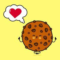 Schokolade Kekse tun Yoga mit Rede Blase. Vektor Hand gezeichnet Karikatur kawaii Charakter Illustration Symbol. isoliert auf Gelb Hintergrund. Schokolade Kekse im Liebe Charakter Konzept