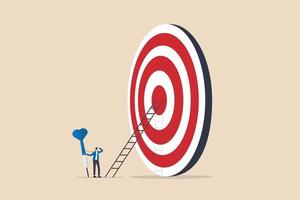 siktar på högt mål uppdrag, plan och strategi för att uppnå mål, affärsmöjligheter eller karriär framgång resa koncept, överväga affärsman hålla stor pil om att klättra upp stegen till bullseye. vektor