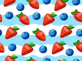 nahtlos Muster mit Beeren auf ein Hintergrund von Blau Streifen. Erdbeeren und Blaubeeren. Muster zum Joghurt vektor