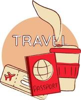 illustration av resa och semester objekt - pass, kaffe och biljett. de text resa. vektor
