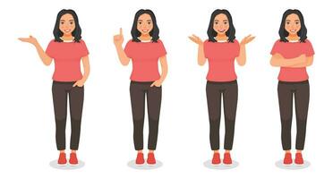 einstellen von jung Frau zeigen anders posieren Gesten und Hand Zeichen Ausdrücke vektor