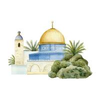 Kuppel von das Felsen im alt Stadt von jerusalem mit Palme Bäume Landschaft Aquarell Vektor Illustration. Tempel montieren im Israel