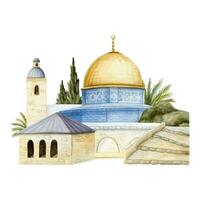 gammal stad av jerusalem stadsbild med kupol av de sten med träd vattenfärg vektor illustration. tempel montera i Israel