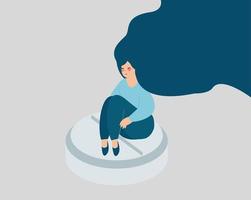 glad kvinna sitter på ett piller. stress, depression, ångestmedicin. antidepressiva biverkningar på kvinnors psykologi. psykisk ohälsa, lugnande medel, rehabiliteringskoncept. vektor illustration.