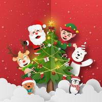 Origami-Papierkunst von Weihnachtsmann und Freunden mit Weihnachtsbaum, frohe Weihnachten und ein glückliches neues Jahr vektor