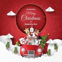 Origami-Papierkunst von Postkarten-Weihnachtsmann und Freunden im roten Auto am Himmel vektor