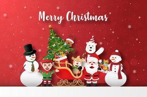 god jul och gott nytt år, julbanner vykort av jultomten och vänner med släde full av gåva vektor
