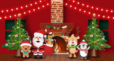 papperskonst, hantverksstil för julfest med jultomten och vänner i hemmet, god jul och gott nytt år vektor