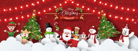 frohe weihnachten und ein gutes neues jahr, weihnachtsbannerpostkarte der weihnachtsfeier mit weihnachtsmann und freunden am himmel vektor