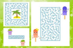 Reihe von rechteckigen und quadratischen Labyrinthen mit Zeichen. Spiel für Kinder. Puzzle für Kinder. ein Eingang, ein Ausgang. Labyrinth Rätsel. flache Vektorillustration lokalisiert auf weißem Hintergrund. vektor