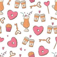 hjärtans dag sömlös mönster med klotter av kaffe, munkar och muffins för textil- grafik, tapet, bakgrunder, scrapbooking, omslag papper, etc. eps 10 vektor