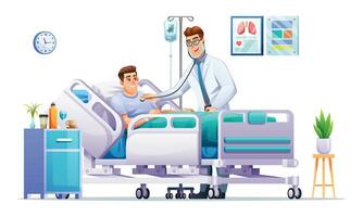 Arzt Prüfung ein krank Mann Lügen auf Krankenhaus Bett durch Stethoskop. geduldig Krankenhausaufenthalt Konzept. Vektor Karikatur Illustration