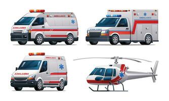 uppsättning av ambulans nödsituation fordon. officiell stad nödsituation service fordon vektor illustration