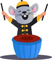 tecknad serie kinesisk mus spelar trummor vektor illustration på vit bakgrund