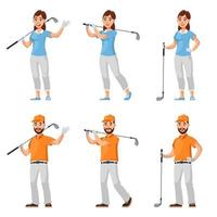 männliche und weibliche Golfspieler in verschiedenen Posen. vektor