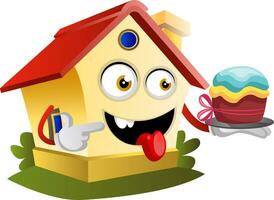 hus är äter cupcake, illustration, vektor på vit bakgrund.