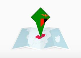zambia är avbildad på en vikta papper Karta och fästs plats markör med flagga av zambia. vektor