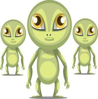 drei Karikatur Aliens mit lange Waffen und groß Augen Weiß Hintergrund Vektor Illustration.