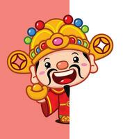 süß Chinesisch Neu Jahr Vermögen Gott halten Gold Geld hinter ein Mauer vektor