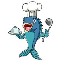 tecknad serie kock fisk innehav en soppa slev med en bricka vektor