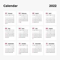 Kalender 2022, 12 Monate in sauberem, minimalistischem Tischstil. vektor