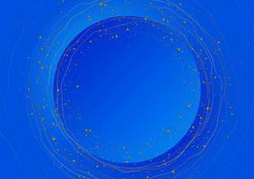 Blau Kreis mit golden wellig Linien und glänzend Punkte abstrakt Hintergrund vektor