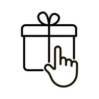 Geschenk Box wählen Hand, klicken Zapfhahn auf Kasten, Linie Symbol. Geschenk Kasten, Paket Kaufen im Geschäft. Überraschung auf Party und Feier Weihnachten, Geburtstag oder Urlaub. Vektor Gliederung Illustration