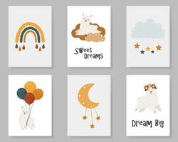 uppsättning av söt bebis kort med lama, moln, stjärna, måne, regnbåge och fraser ljuv drömmar och dröm stor. vektor