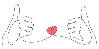 tummen upp i ett linje teckning kärlek gest och hjärta minimalism begrepp vektor