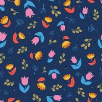 Blumen- nahtlos Muster mit mit abstrakt Blumen, Geäst und Blätter auf dunkel Blau Hintergrund zum Hintergrund, Textil- Drucke, Kinder bekleidung Dekor, Verpackung Papier, stationär, Zuhause Dekor, usw. eps 10 vektor