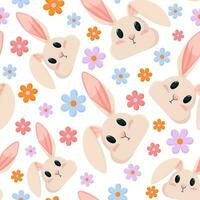 kanin och blommor mönster. sömlös mönster bakgrund. tecknad serie kanin vektor illustration för ungar. sömlös påsk vår mönster.