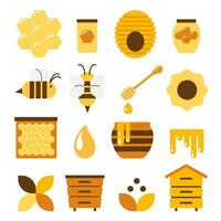 honung bin vektor uppsättning. söt bi tecknad serie samling. rolig illustrationer, platt stil ikoner. biodling klämma konst. drottning bi, bikupor, gränser, blommor, honungskakor.