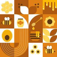 vektor sömlös mönster med bin, honung, honungskakor, bikupa, blommor. modern abstrakt bakgrund. bauhaus stil stil. vektor illustration av geometrisk former.