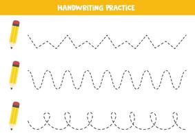 spårlinjer med söta gula pennor. skrivövning. vektor