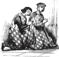 alix och arthur av Bretagne, kostymer av man och kvinna har schack styrelse, årgång gravyr. vektor