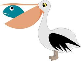 Pelikan mit Fisch im das Schnabel, Illustration, Vektor auf Weiß Hintergrund.