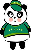 söt svart och vit panda klädd i grön Tröja och grön keps vektor illustration på vit bakgrund