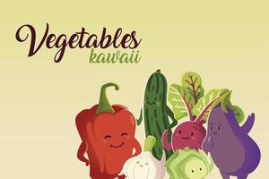 Gemüse kawaii süße Paprika Gurke Aubergine Rüben und Zwiebel Cartoon vektor