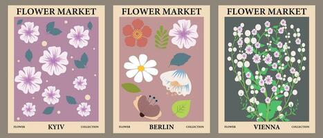 Blume Markt Poster Konzept Vorlage. können Sein benutzt zum Karten, Mauer Kunst, Banner, Plakate. Wildblumen Vektor Illustration.