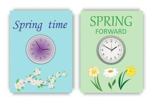 Frühling Zeit, Vektor Illustration mit Uhr und Blumen, sagt Das das Zeit von Frühling hat kommen.