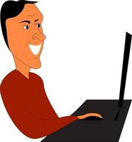 Karikatur von ein Mann im rot Hemd Arbeiten auf ein Laptop Vektor Illustration auf Weiß Hintergrund