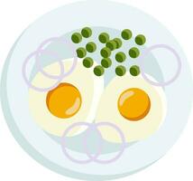 ein Frühstück Teller mit zwei sonnig Seite UPS und Grün Erbsen serviert mit Zwiebel Ringe Vektor Farbe Zeichnung oder Illustration