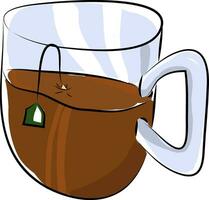 ein Glas Tasse mit halb voll Tee und ein Eintauchen Tee Tasche Vektor Farbe Zeichnung oder Illustration
