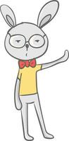ein jung Karikatur Hase tragen Brille und gekleidet im Gelb Weste und rot Bogen Krawatte hat gedehnt seine Arm suchen Transport Vektor Farbe Zeichnung oder Illustration