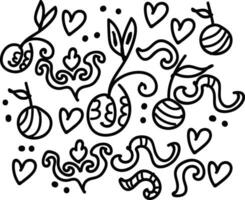 en skön klotter konst av använder sig av olika former som hjärta frukt löv etc vektor Färg teckning eller illustration