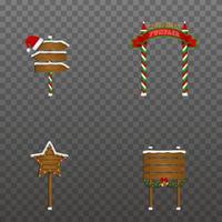 uppsättning julvägskyltar och träskyltar med dekorationer och lampor vektor